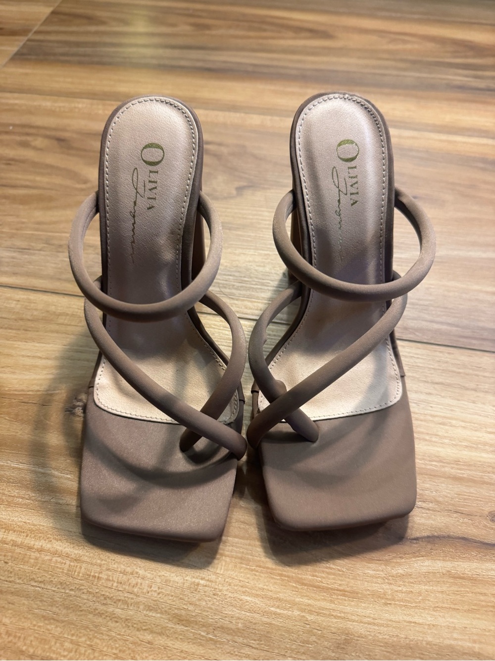 Olivia Ferguson Taupe Strappy Square-Toe Heeled Sandals